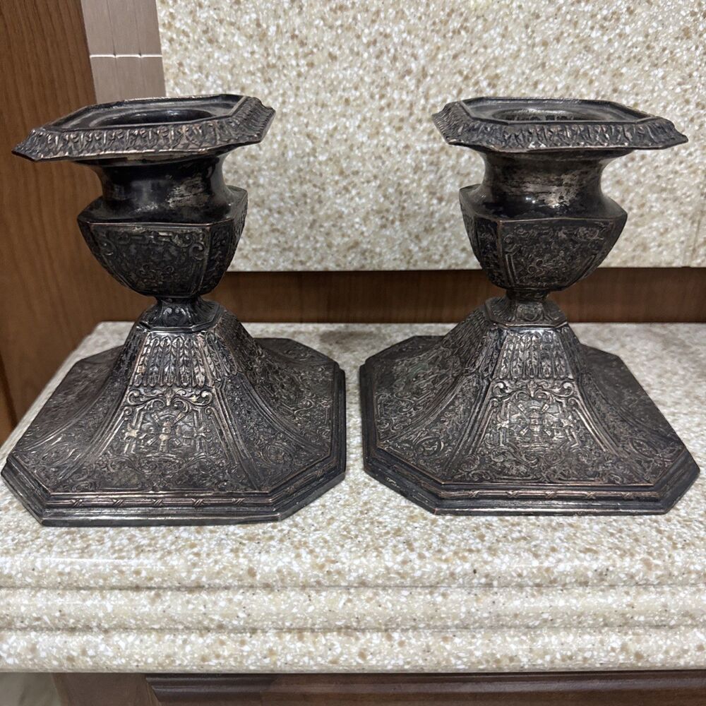 E.G. Webster & Son Silverplate Pair (2) Repousse Candle Stick Holders, 5 1/2"
